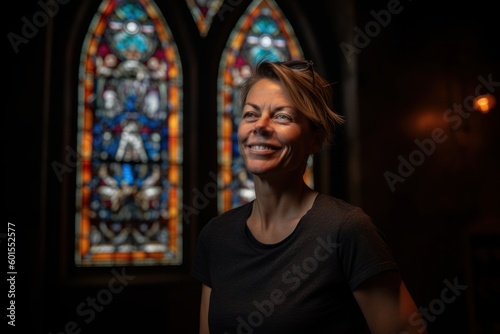 Portrait of a beautiful young woman in front of a stained glass window