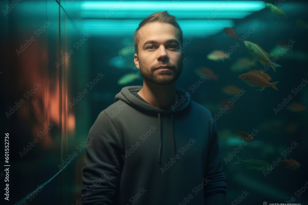 Portrait of a young man in the aquarium. The concept of health and beauty.