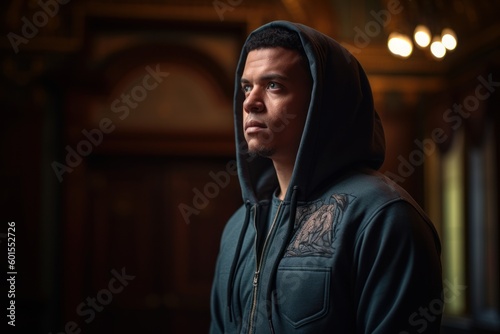 Portrait of a young man in a black hooded sweatshirt