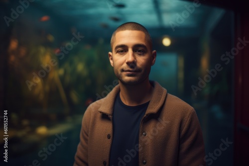 Portrait of a young man in a coat against the background of an aquarium