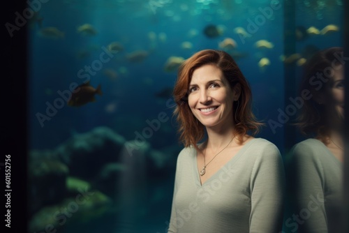 Portrait of a smiling woman looking at the camera in an aquarium