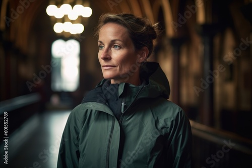 Portrait of a beautiful woman in a green jacket standing in a train station