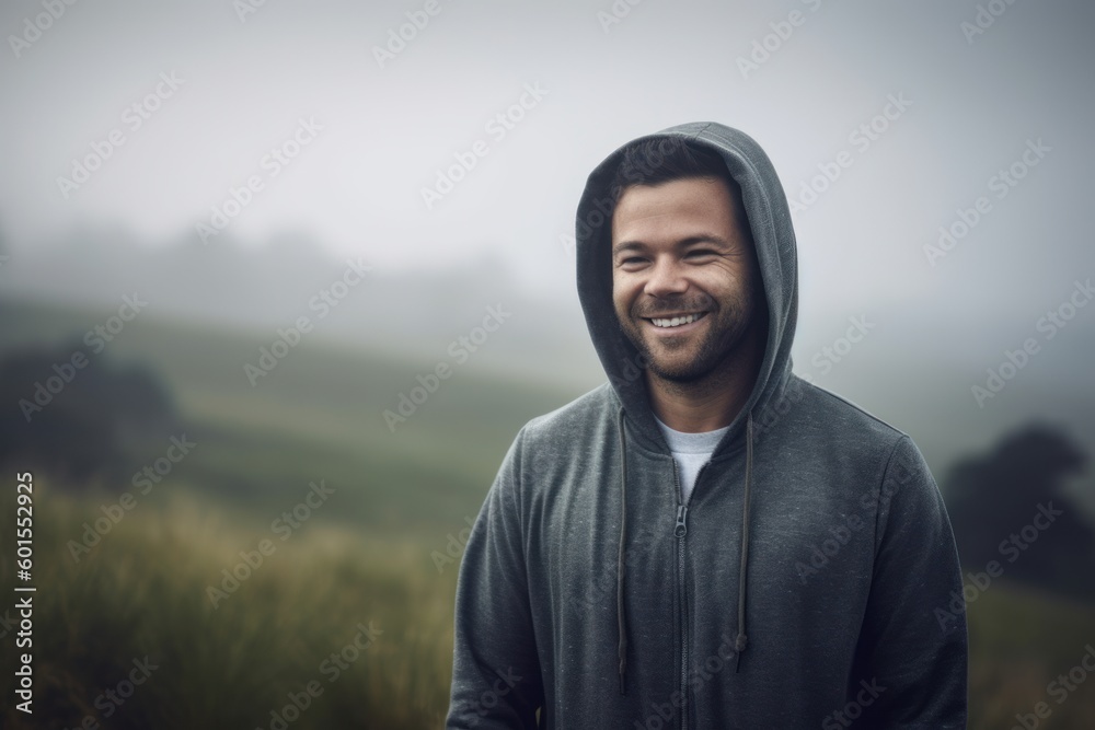 Portrait of a smiling young man standing in a field on a foggy day