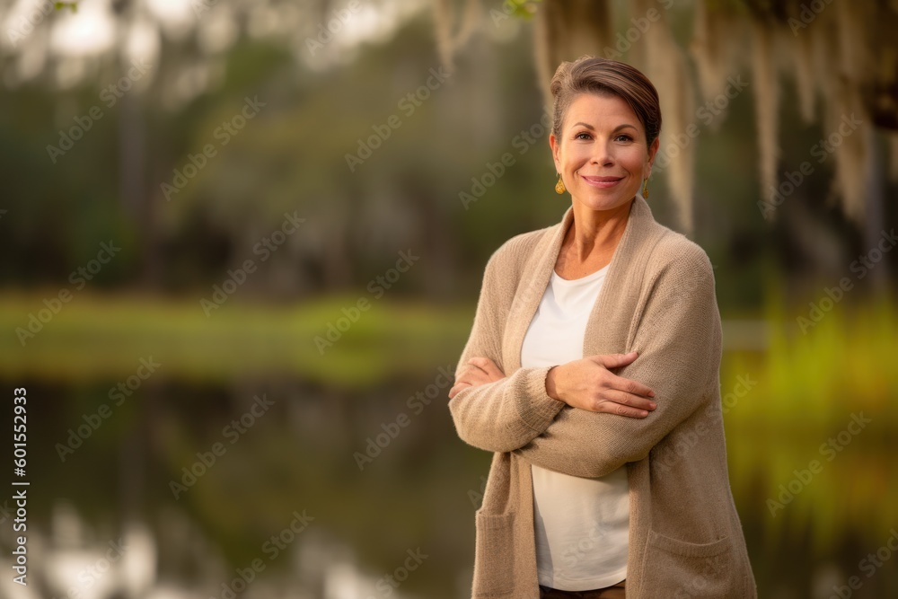 Portrait of a beautiful mature woman standing with arms crossed in a park Portrait of a beautiful mature woman standing with arms crossed in a park