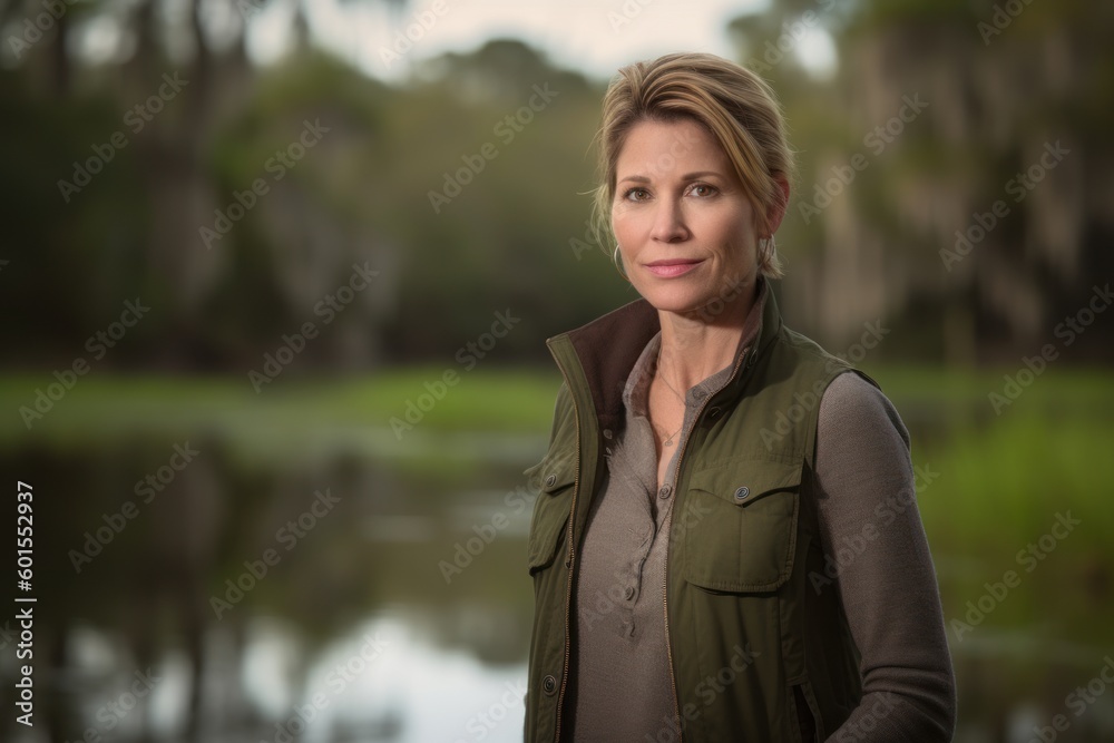 Portrait of a beautiful middle aged woman standing by a lake. Portrait of a beautiful middle aged woman standing by a lake.