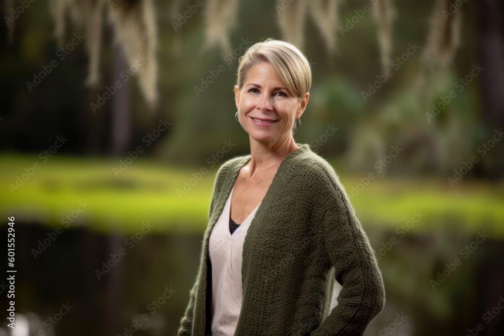 Environmental portrait photography of a pleased woman in her 40s wearing a chic cardigan against a swampy or bayou background. Generative AI