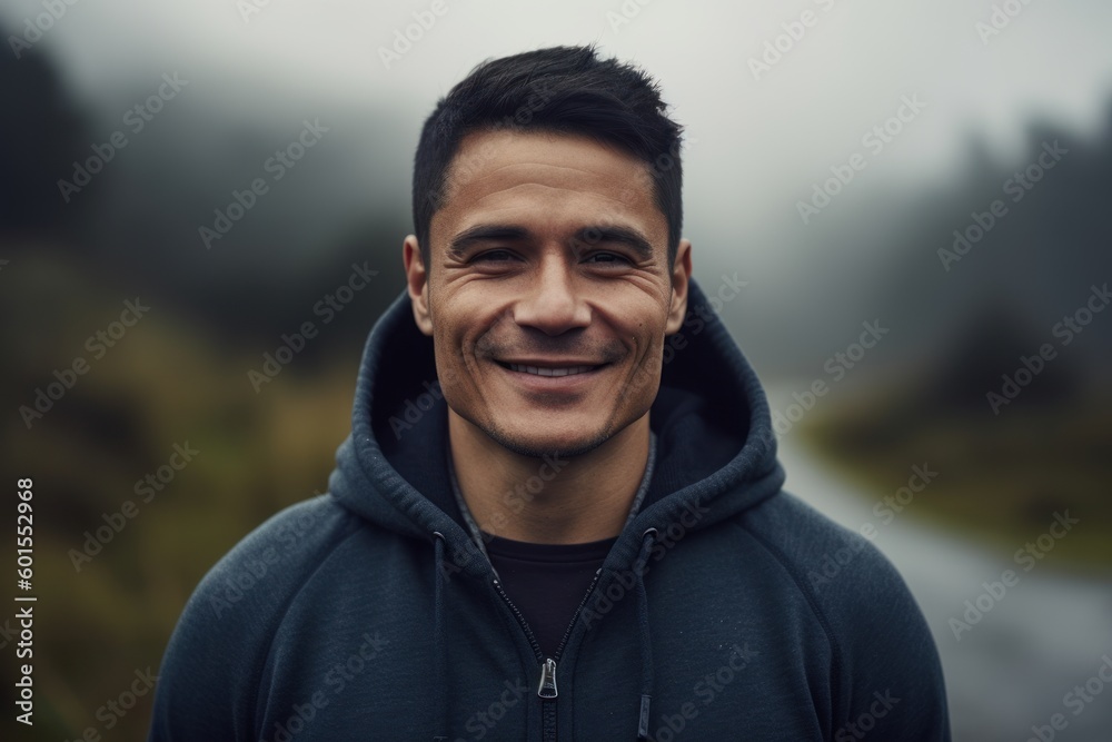 Portrait of a young man in a black hoodie smiling at the camera