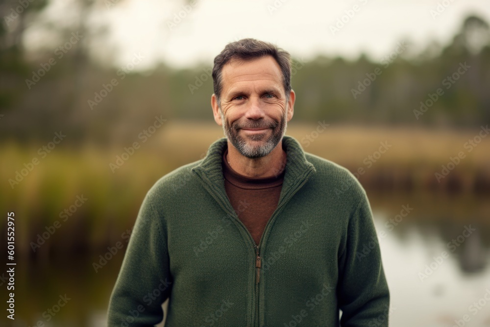 Portrait of a handsome middle-aged man smiling at the camera outdoors.