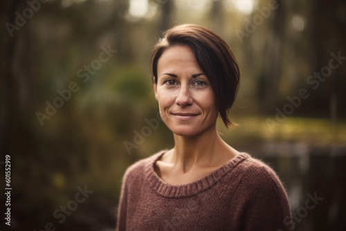 Headshot portrait photography of a satisfied woman in her 30s wearing a cozy sweater against a swampy or bayou background. Generative AI photo