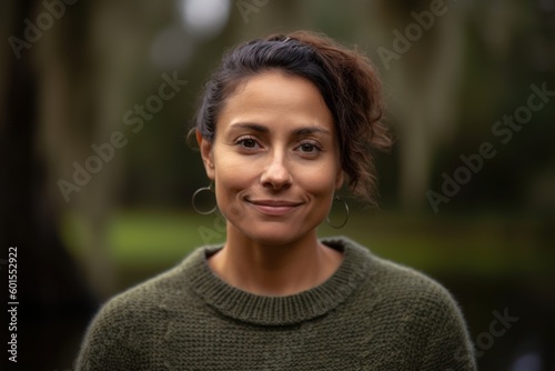 Portrait of a beautiful young woman in a green sweater looking at the camera