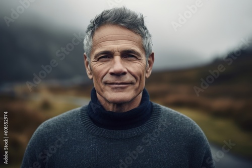 Portrait of a handsome middle-aged man with grey hair in the mountains