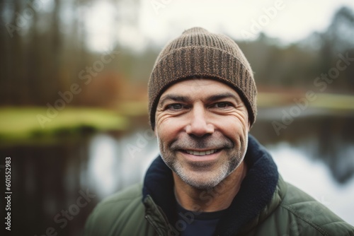 Portrait of a smiling middle-aged man in a knitted hat and jacket