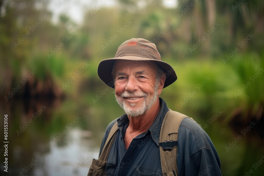 Portrait of senior man standing by the river and smiling at camera Portrait of senior man standing by the river and smiling at camera