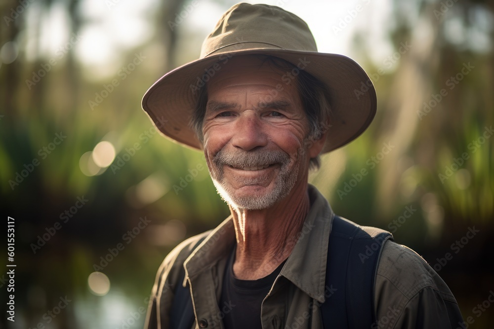 Portrait of smiling senior man in hat looking at camera in nature