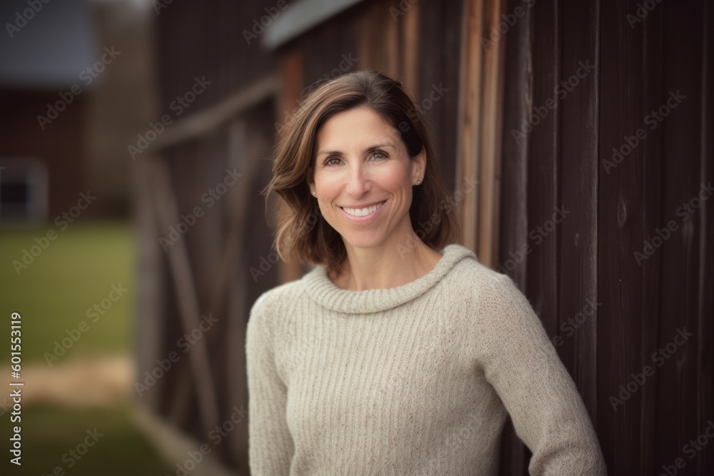 Portrait of smiling woman standing in front of wooden fence at home Portrait of smiling woman standing in front of wooden fence at home