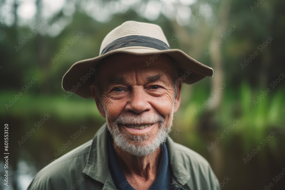 Portrait of senior man with hat on the nature background. Retirement concept.