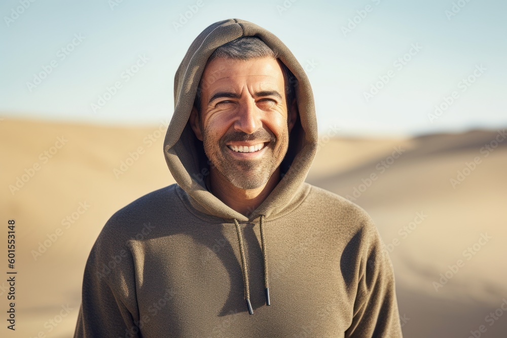 Portrait of smiling man with hooded sweatshirt in the desert Portrait of smiling man with hooded sweatshirt in the desert