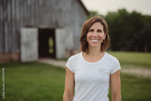 Portrait of a smiling woman standing in front of an old barn