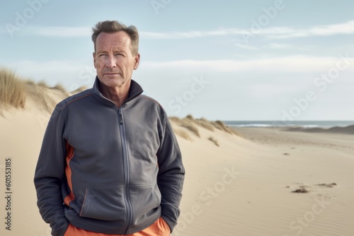 Senior man in sportswear standing on beach, looking at camera