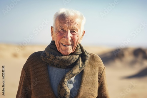 Fotografia Medium shot portrait photography of a pleased elderly 100 years old man wearing a cozy sweater against a sand dune background