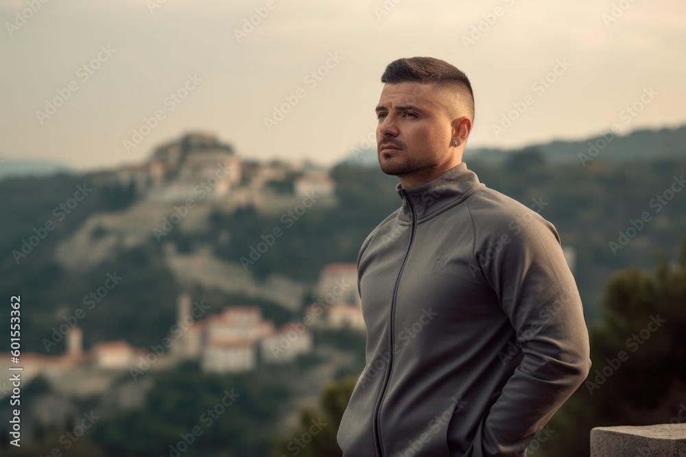 Handsome man in sportswear standing on top of a hill and looking away