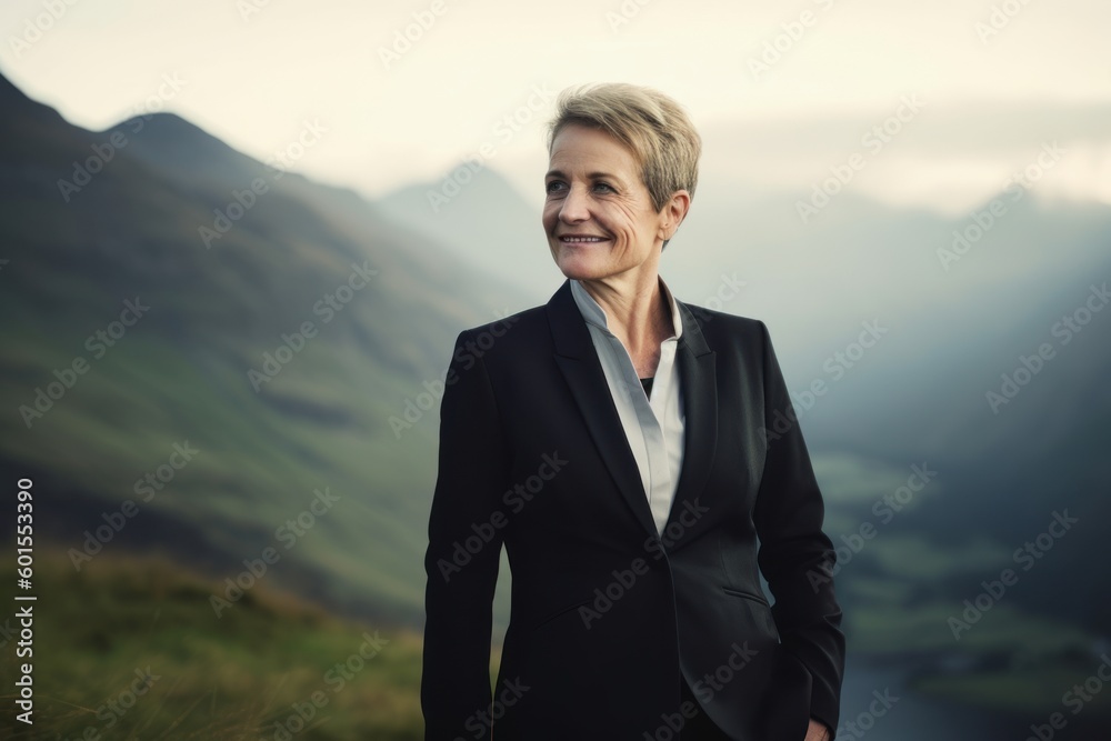 Portrait of happy senior businesswoman standing on top of mountain and looking at camera