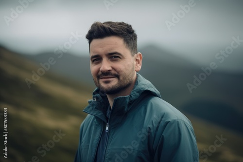 Handsome young man with a beard in a blue jacket on a mountain top