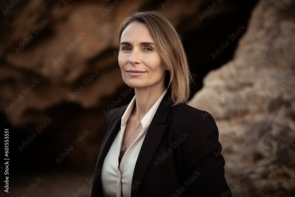 Portrait of a beautiful business woman in a black suit standing in a cave
