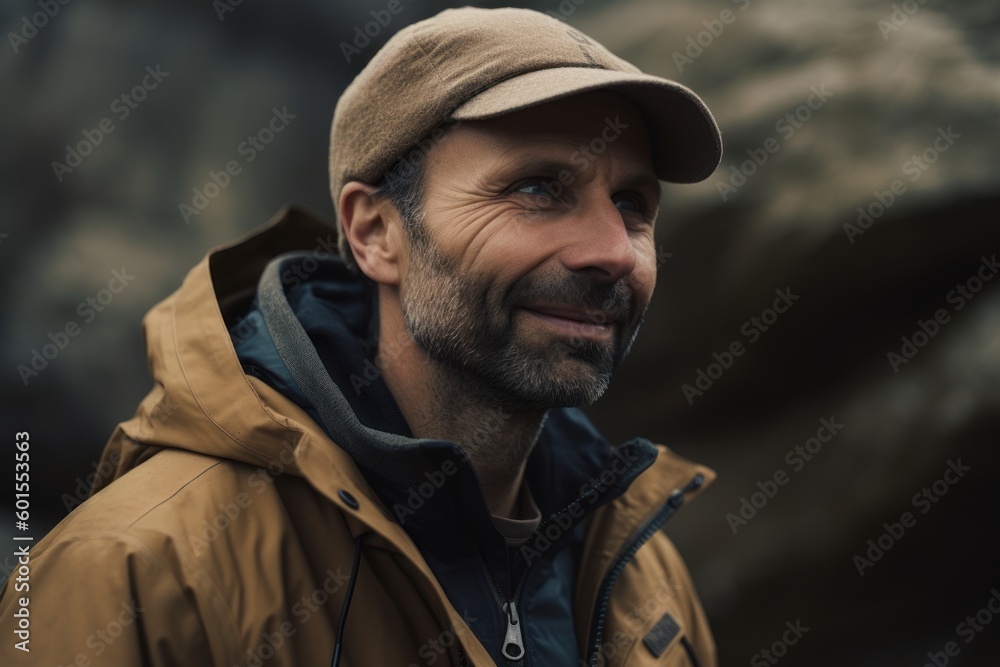 portrait of a handsome middle-aged man in a cap and a jacket in the mountains