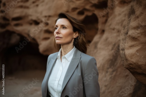 Portrait of a beautiful businesswoman in a gray suit in the desert