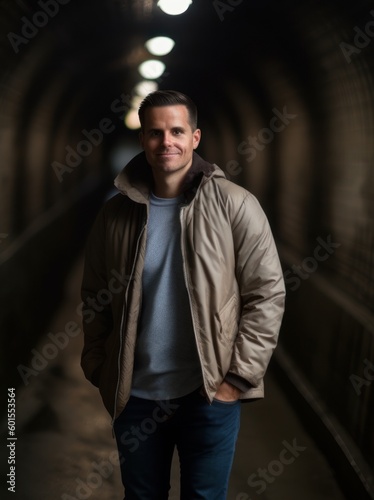 Portrait Of A Young Man Wearing Winter Jacket Standing In Tunnel