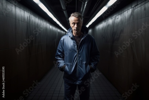 Portrait of a middle-aged man in a dark tunnel.