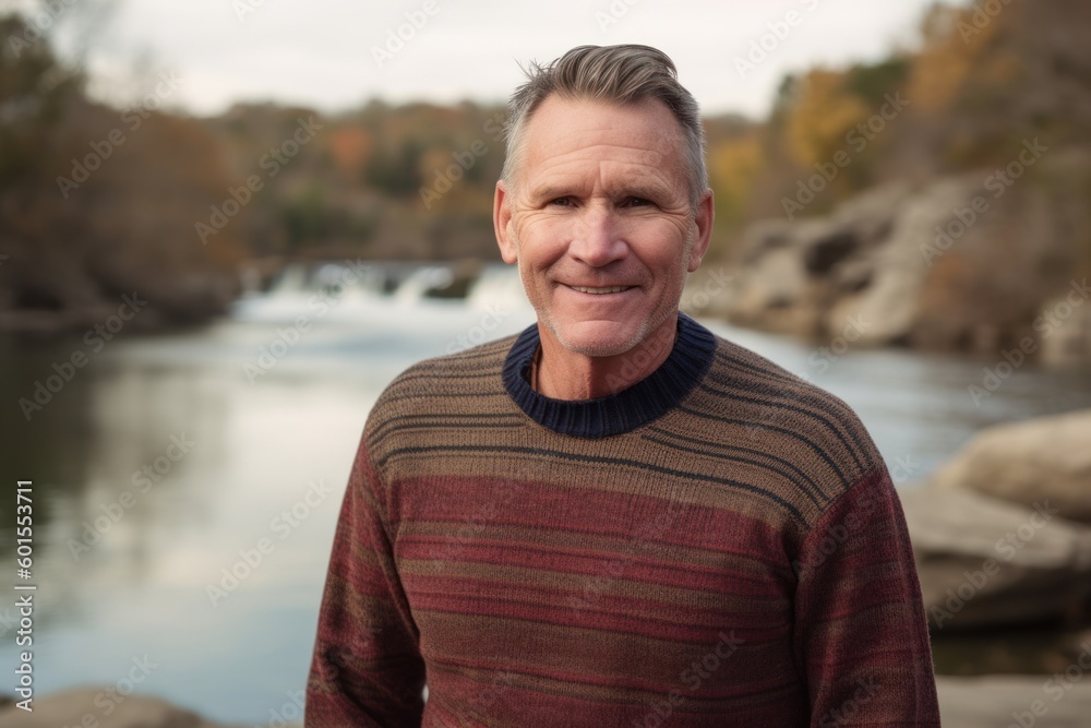 Pet portrait photography of a cheerful man in his 50s wearing a cozy sweater against a river or waterfall background. Generative AI Pet portrait photography of a cheerful man in his 50s wearing a cozy sweater against a river or waterfall background. Generative AI
