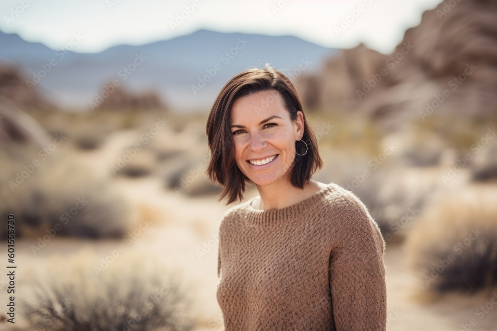 Portrait of a smiling woman in the middle of a desert landscape Portrait of a smiling woman in the middle of a desert landscape