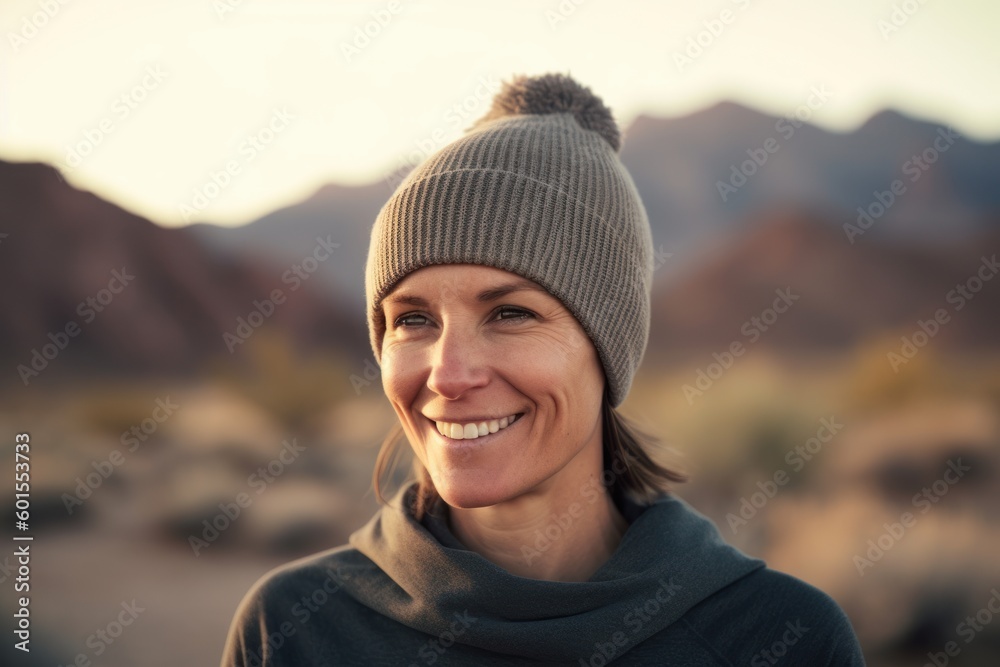Portrait of a smiling woman in a hat and scarf in the desert Portrait of a smiling woman in a hat and scarf in the desert
