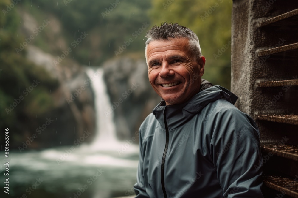 Medium shot portrait photography of a grinning man in his 50s wearing a comfortable tracksuit against a river or waterfall background. Generative AI Medium shot portrait photography of a grinning man in his 50s wearing a comfortable tracksuit against a river or waterfall background. Generative AI