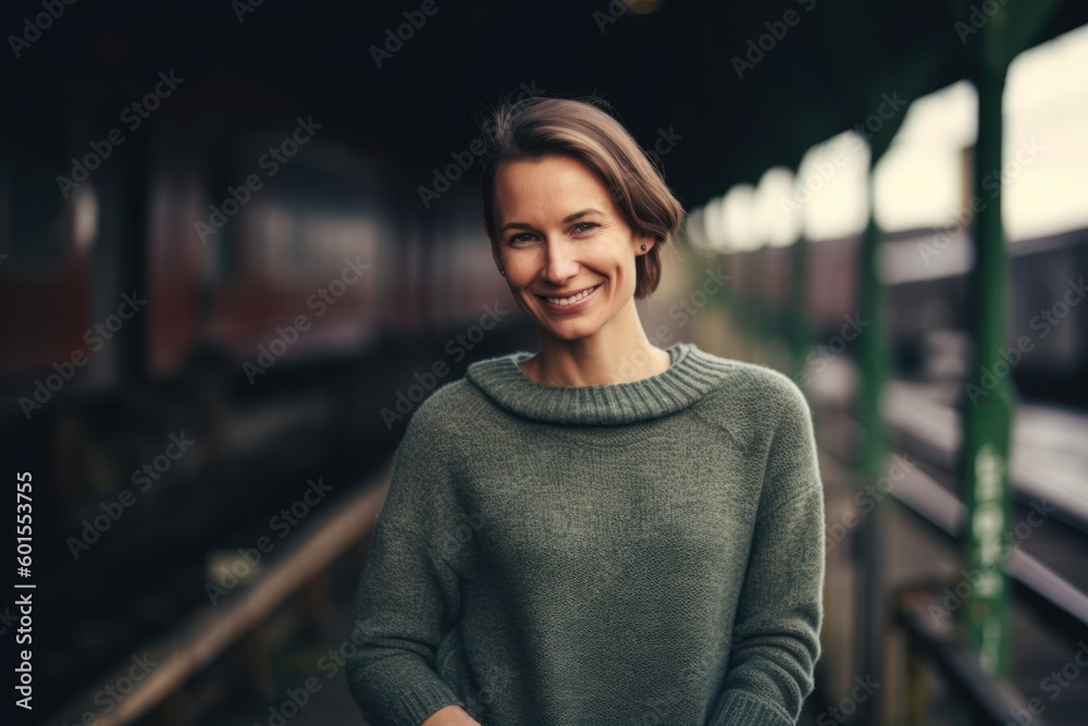 Portrait of a smiling young woman standing at the train station. Portrait of a smiling young woman standing at the train station.