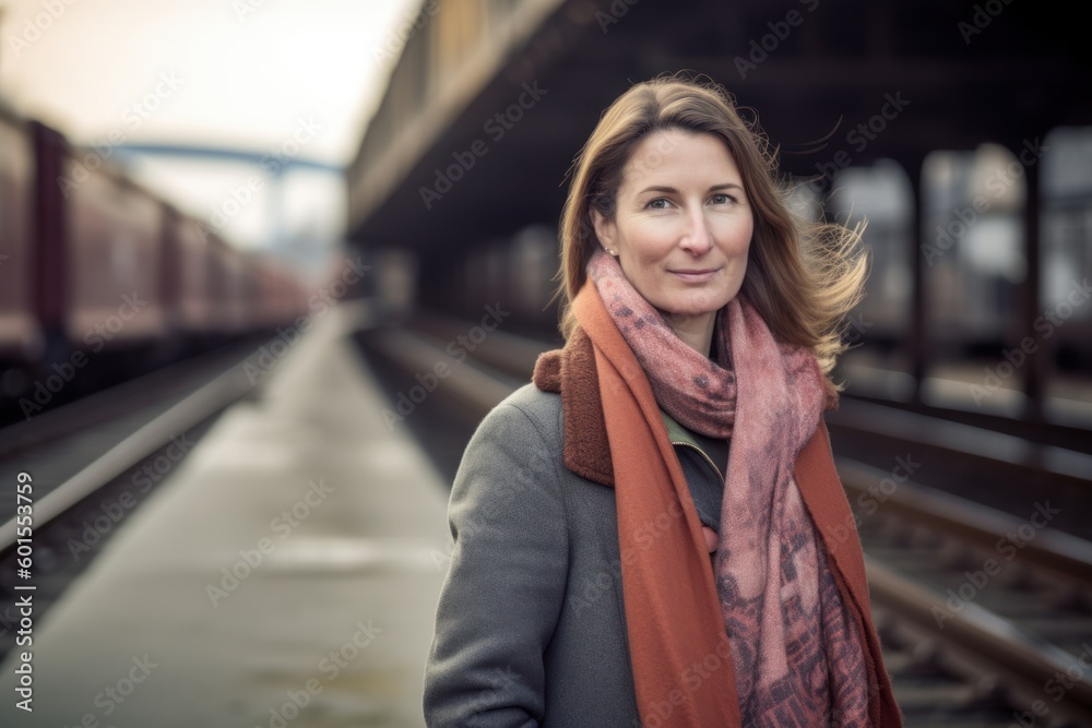 Portrait of a beautiful young woman at the train station in winter
