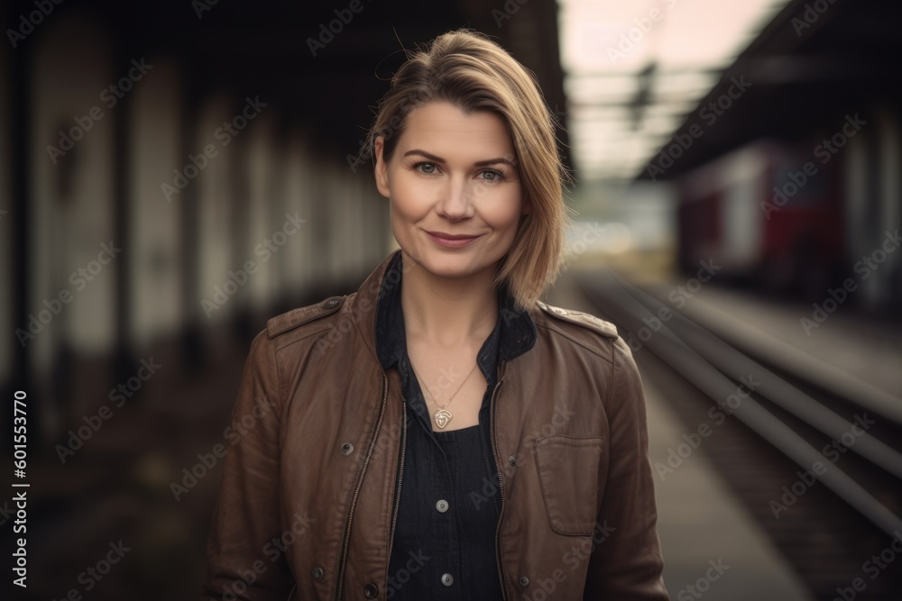 Portrait of a beautiful young woman on the platform of a train station