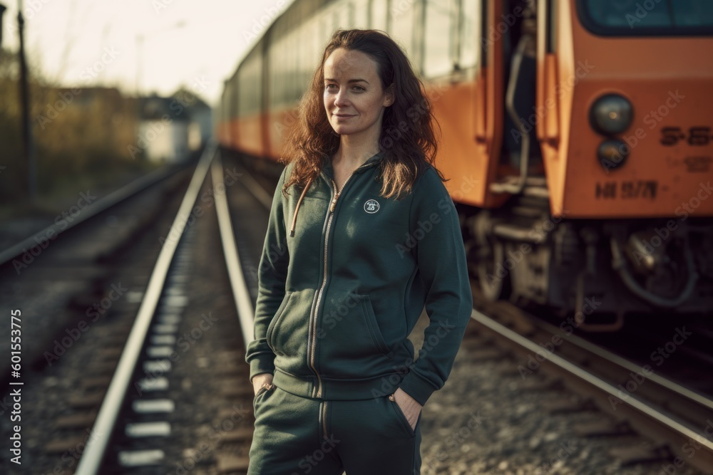 young beautiful brunette woman in sportswear posing at train station, lifestyle people concept