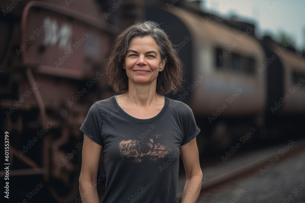 Portrait of a beautiful woman in a black T-shirt on the background of the railway