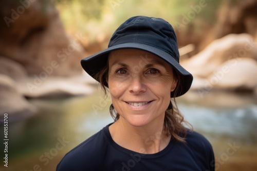 Portrait of smiling woman in cap looking at camera on blurred background