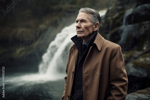 Medium shot portrait photography of a satisfied man in his 50s wearing a versatile overcoat against a river or waterfall background. Generative AI photo