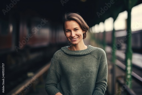 Portrait of a smiling young woman standing on the platform of a train station