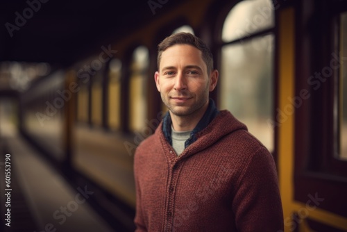 Portrait of young man standing at the train station. Shallow depth of field.