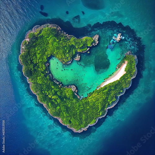 Green marine and isolated heart shaped tropical island viewed from above or from an airplane. Generative AI
