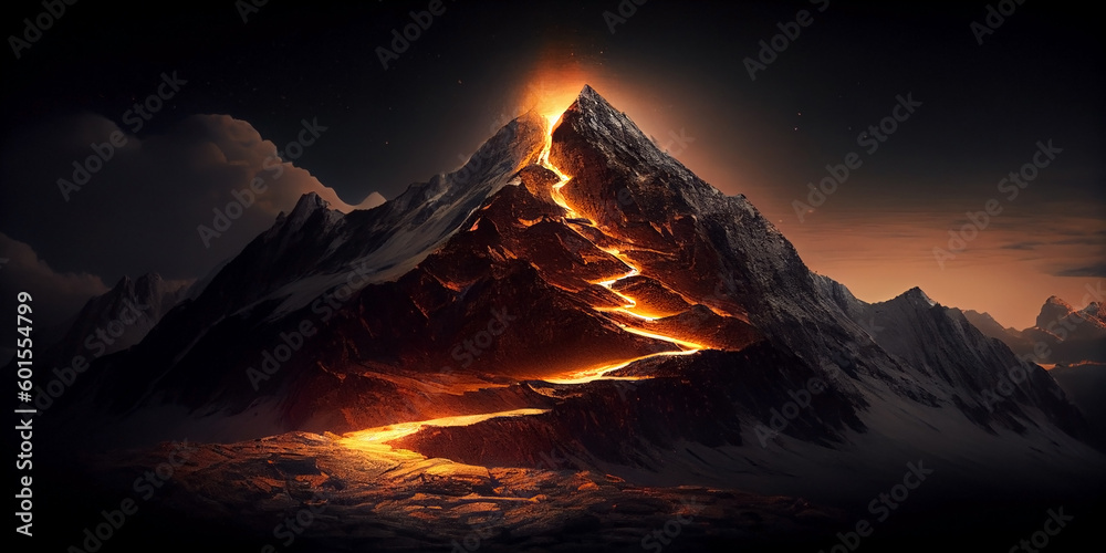 Glow in the dark lava winding path to the top of a large mountain at night. Generative AI