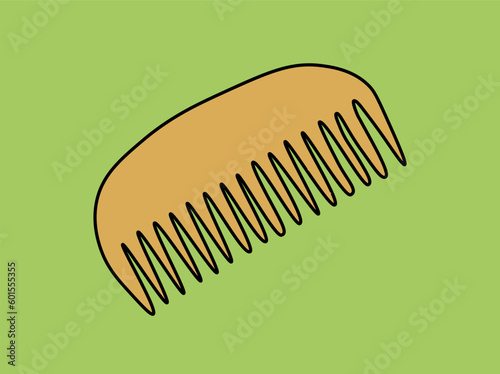 Eco friendly wooden comb. Tool for combing hair and creating hairstyles. Recycle and reuse. Sticker for social networks and messengers. Care for planet. Cartoon flat vector illustration