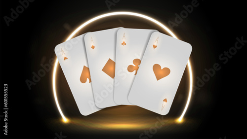 Gold and white casino playing cards on a bright neon background.