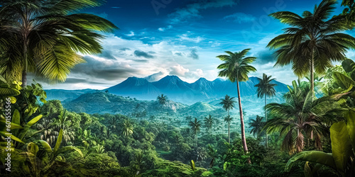 Mysterious jungle, palm trees and mountains at the top of hill with a mountain range around it, digital art photo